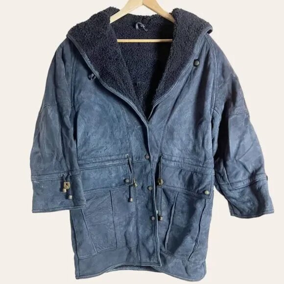 Vintage Leather Concepts New Zealand Blue Suede Wool Sherpa Lined Coat Size M - Picture 1 of 16